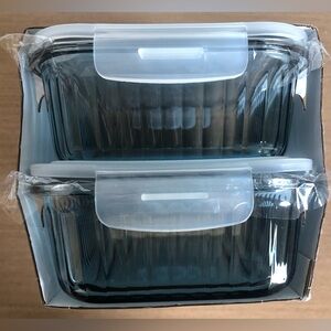 Faberware Set Of 2 Embossed Blue Glass Containers With Seal Locking Lids NEW